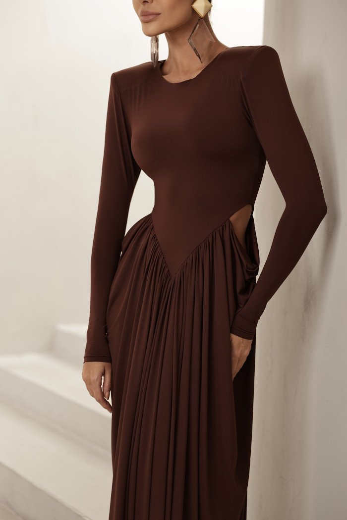 VESTIDO PARIS MANGA LONGA SAIA DRAPEADA - MARROM