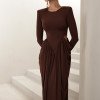 VESTIDO PARIS MANGA LONGA SAIA DRAPEADA - MARROM