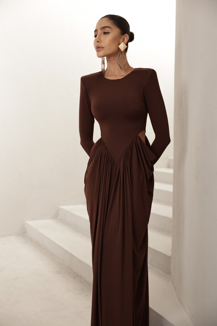 VESTIDO PARIS MANGA LONGA SAIA DRAPEADA - MARROM