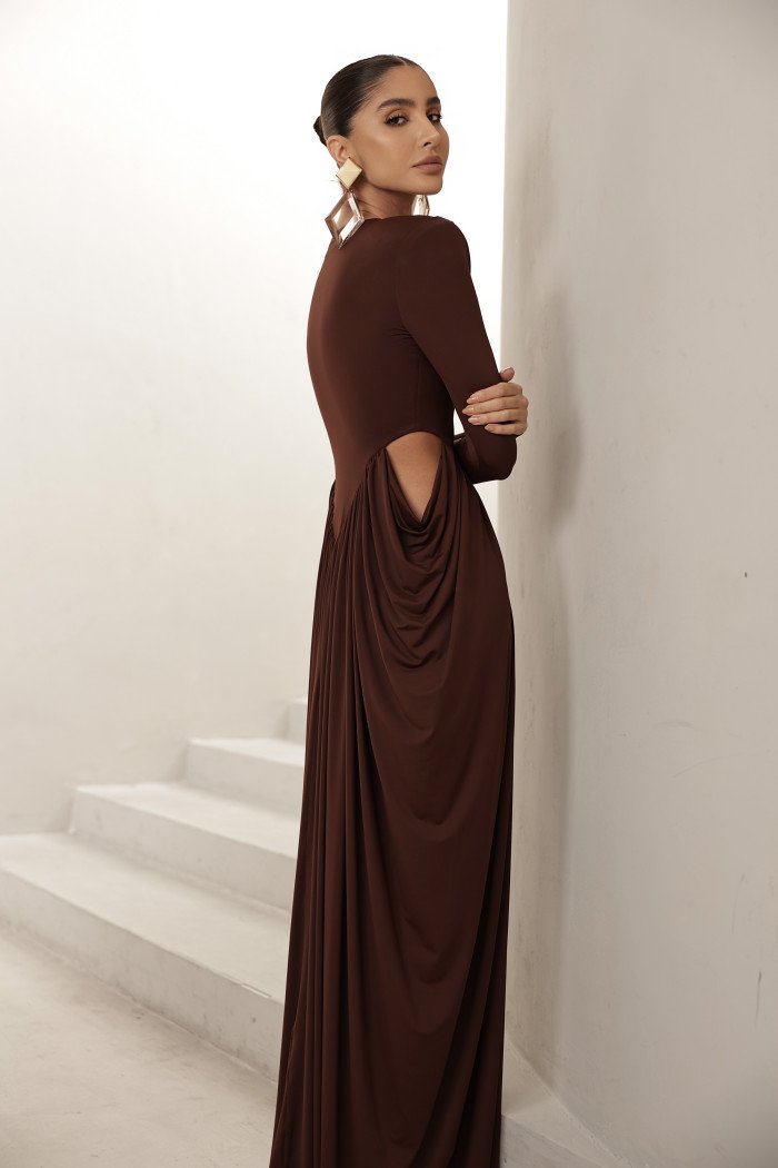 VESTIDO PARIS MANGA LONGA SAIA DRAPEADA - MARROM