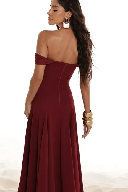 VESTIDO MIDI SAFIRA OMBRO A OMBRO - MARSALA