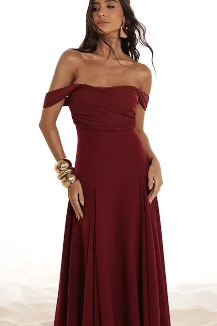 VESTIDO MIDI SAFIRA OMBRO A OMBRO - MARSALA