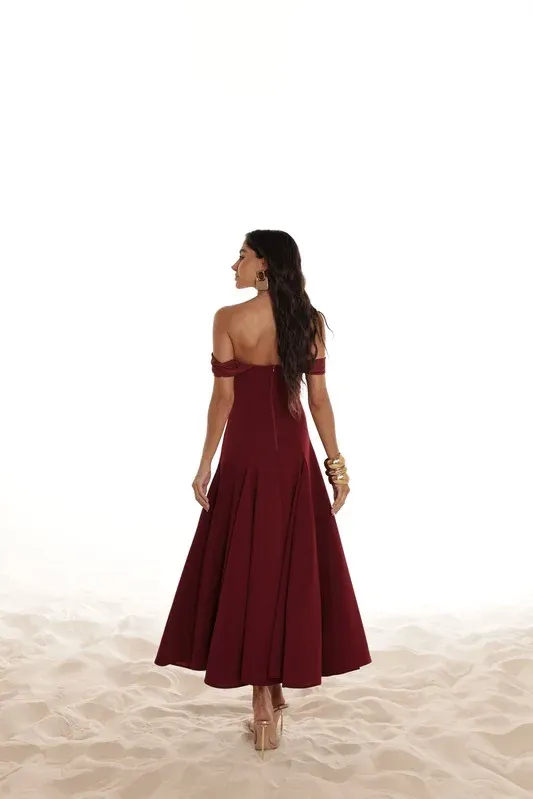 VESTIDO MIDI SAFIRA OMBRO A OMBRO - MARSALA