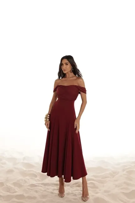 VESTIDO MIDI SAFIRA OMBRO A OMBRO - MARSALA