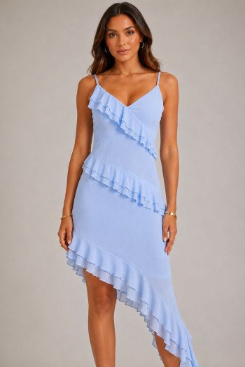 VESTIDO CHIFFON ASSIMÉTRICO BOHO - AZUL CLARO