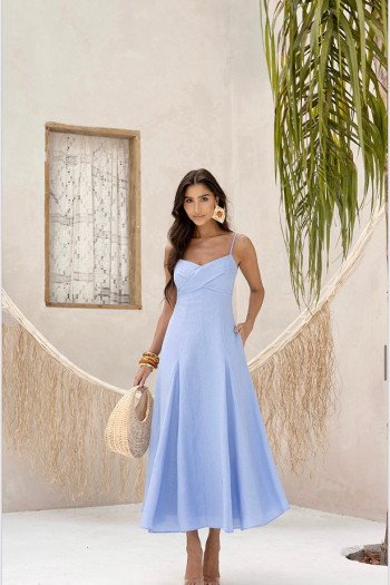 VESTIDO MIDI ANDREÁ 100% LINHO - AZUL