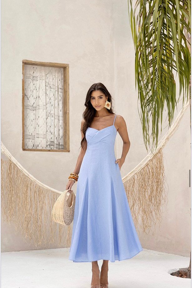 VESTIDO MIDI ANDREÁ 100% LINHO - AZUL