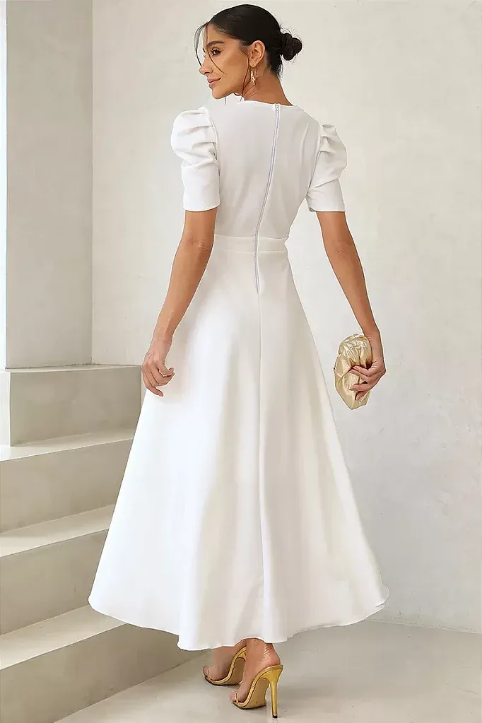 VESTIDO MIDI BRUNA MANGA BUFANTE C/ BARBATANA -  BRANCO