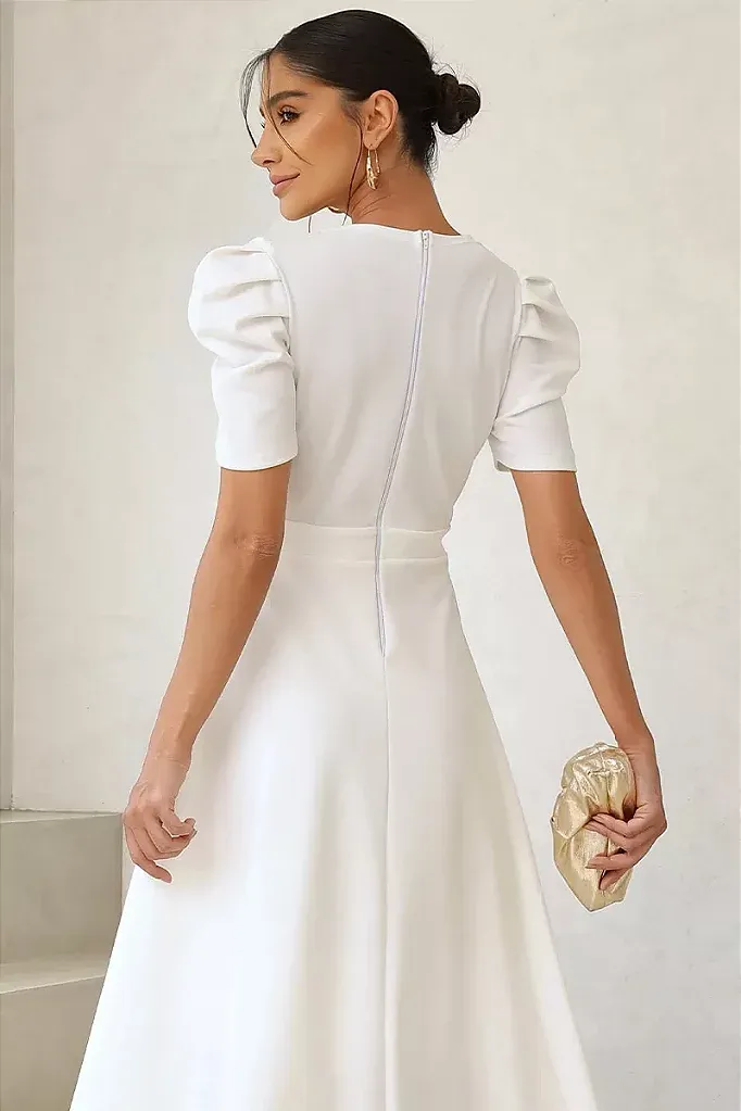VESTIDO MIDI BRUNA MANGA BUFANTE C/ BARBATANA -  BRANCO