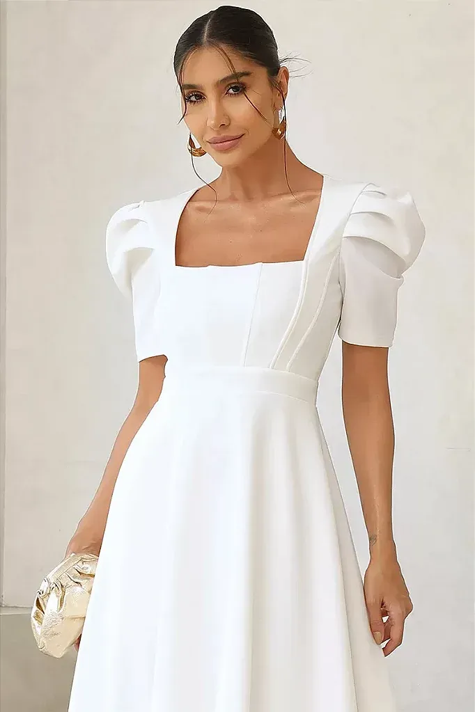 VESTIDO MIDI BRUNA MANGA BUFANTE C/ BARBATANA -  BRANCO