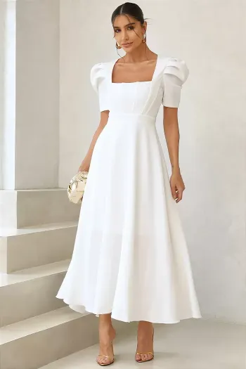 VESTIDO MIDI BRUNA MANGA BUFANTE C/ BARBATANA -  BRANCO