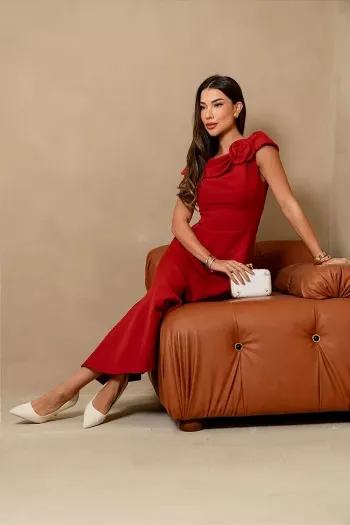 VESTIDO HILDA MIDI DETALHE FLOR - FERRUGEM 