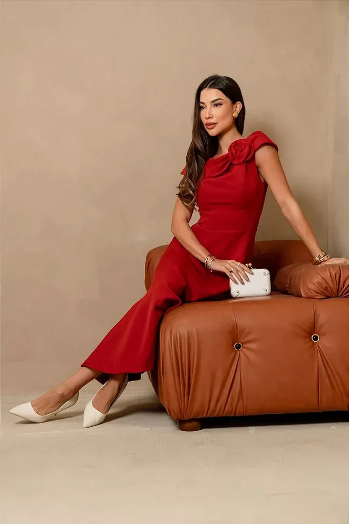 VESTIDO HILDA MIDI DETALHE FLOR - FERRUGEM 