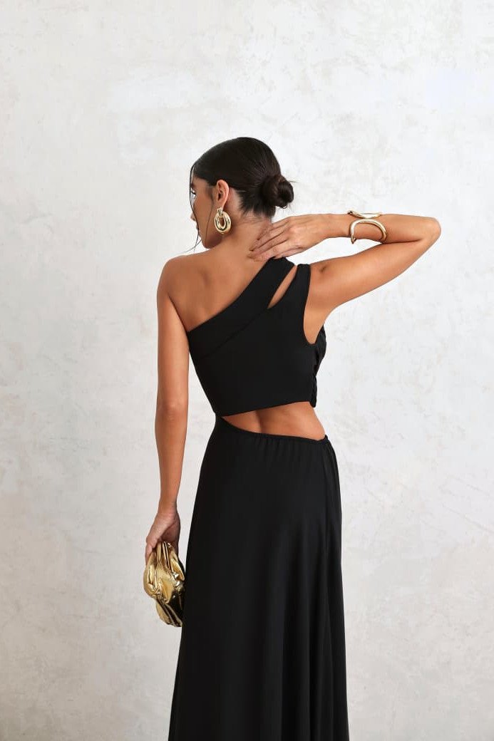VESTIDO DE FESTA CAPRI UM OMBRO RECORTES - PRETO