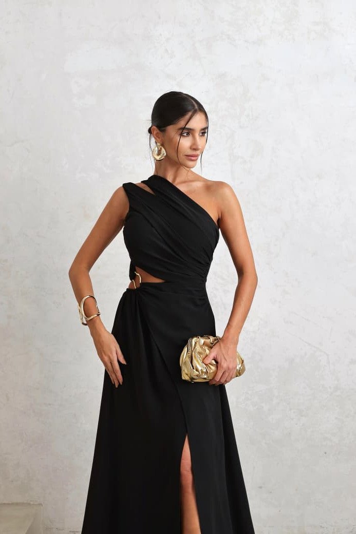 VESTIDO DE FESTA CAPRI UM OMBRO RECORTES - PRETO