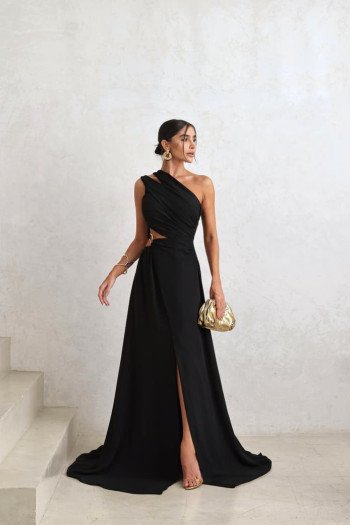 VESTIDO DE FESTA CAPRI UM OMBRO RECORTES - PRETO