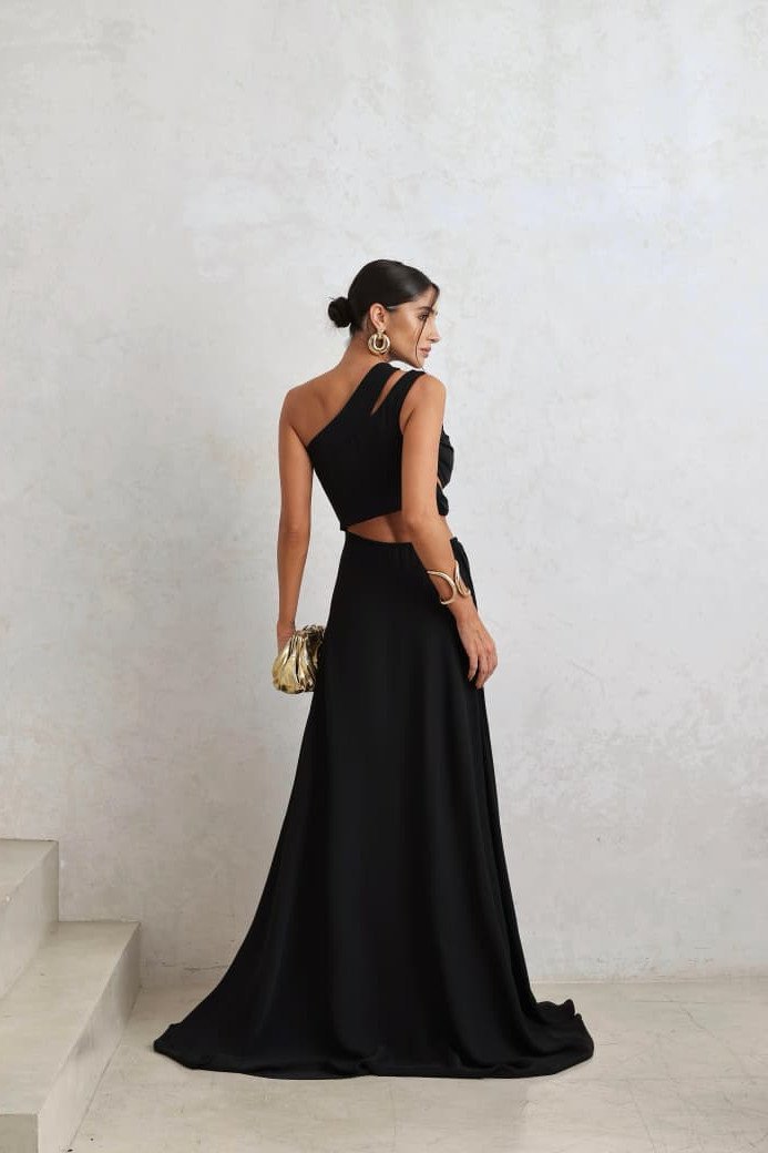 VESTIDO DE FESTA CAPRI UM OMBRO RECORTES - PRETO