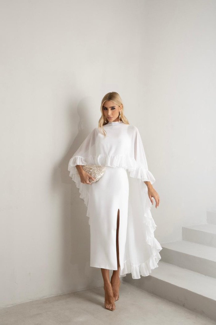 VESTIDO ÁGATA ALFAITARIA COM CAPA BABADOS NOIVINHAS - OFF WHITE