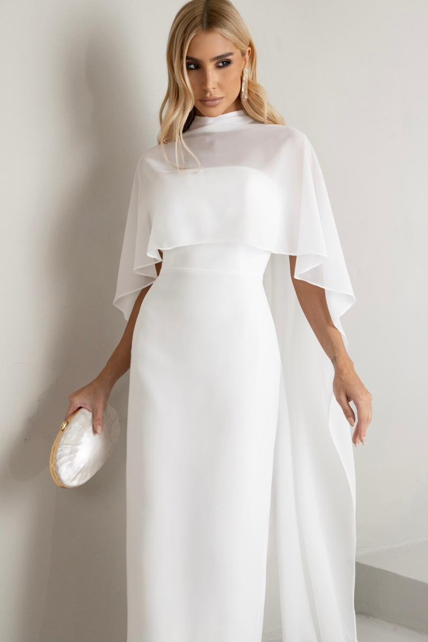VESTIDO TAMIRES T.Q.C ALFAIATARIA COM CAPA CHIFFON NOIVINHAS - OFF WHITE