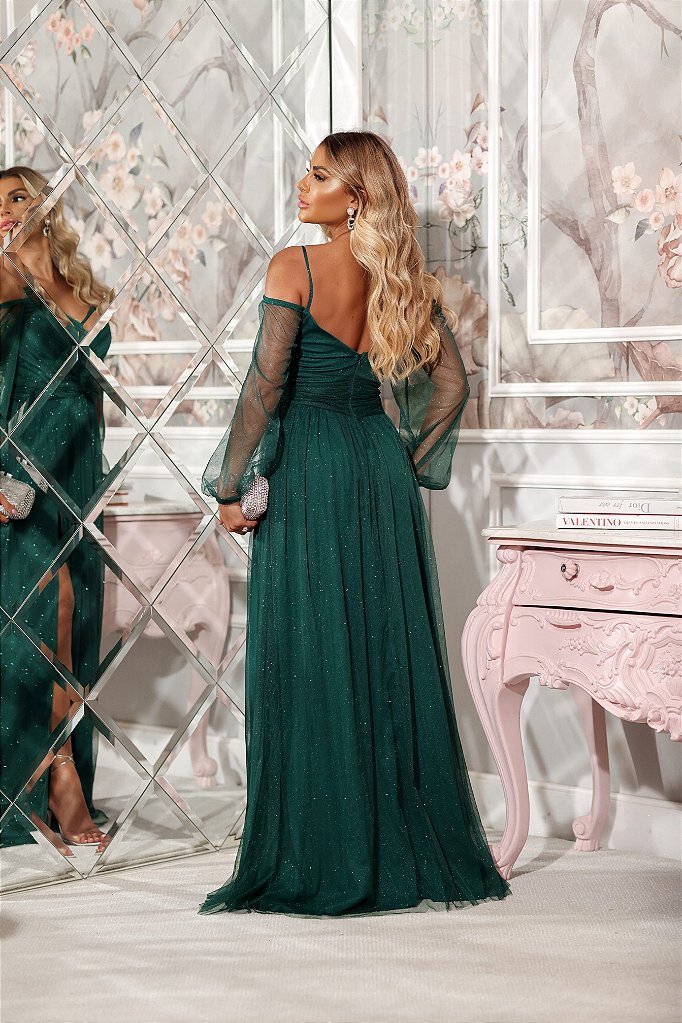 VESTIDO VANCOUVER TULE GLITTER - VERDE ESMERALDA