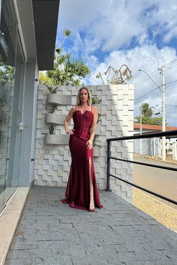 VESTIDO DE FESTA VERÕNICA CREPE ACETINADO - MARSALA