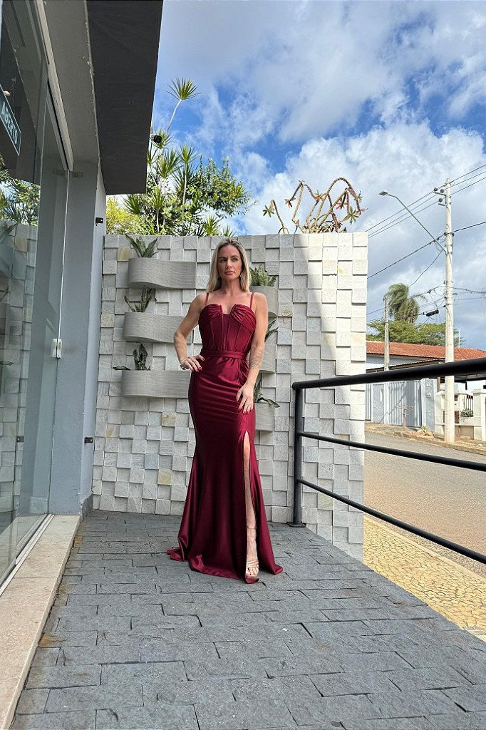 VESTIDO DE FESTA VERÕNICA CREPE ACETINADO - MARSALA