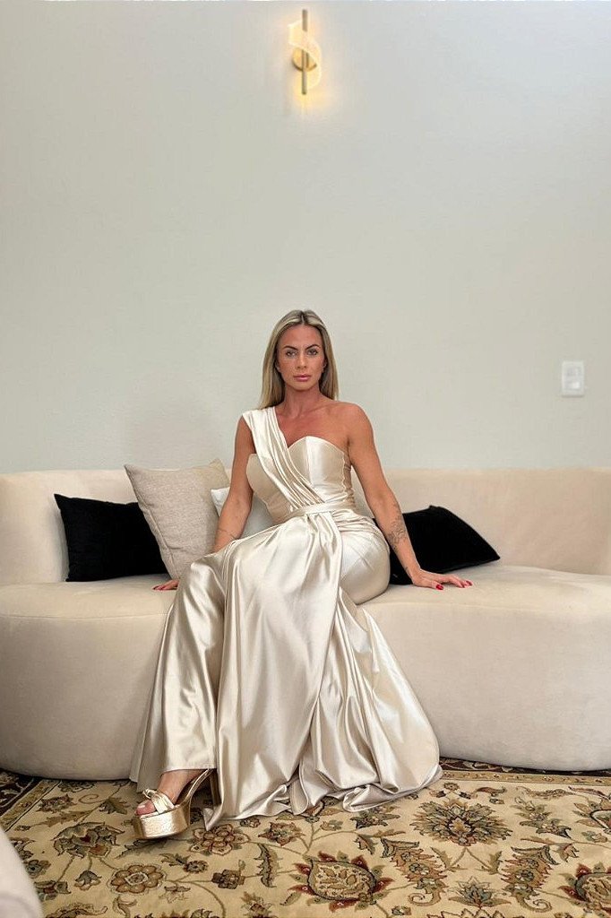 VESTIDO DE FESTA GLAM CREPE ACETINADO - PÉROLA