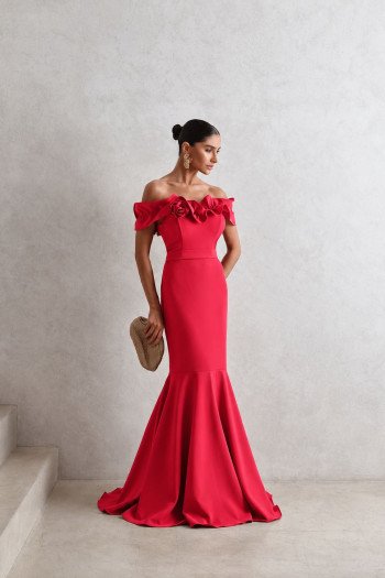 VESTIDO DE FESTA FRANÇA OMBRO A OMBRO - PESSÊGO
