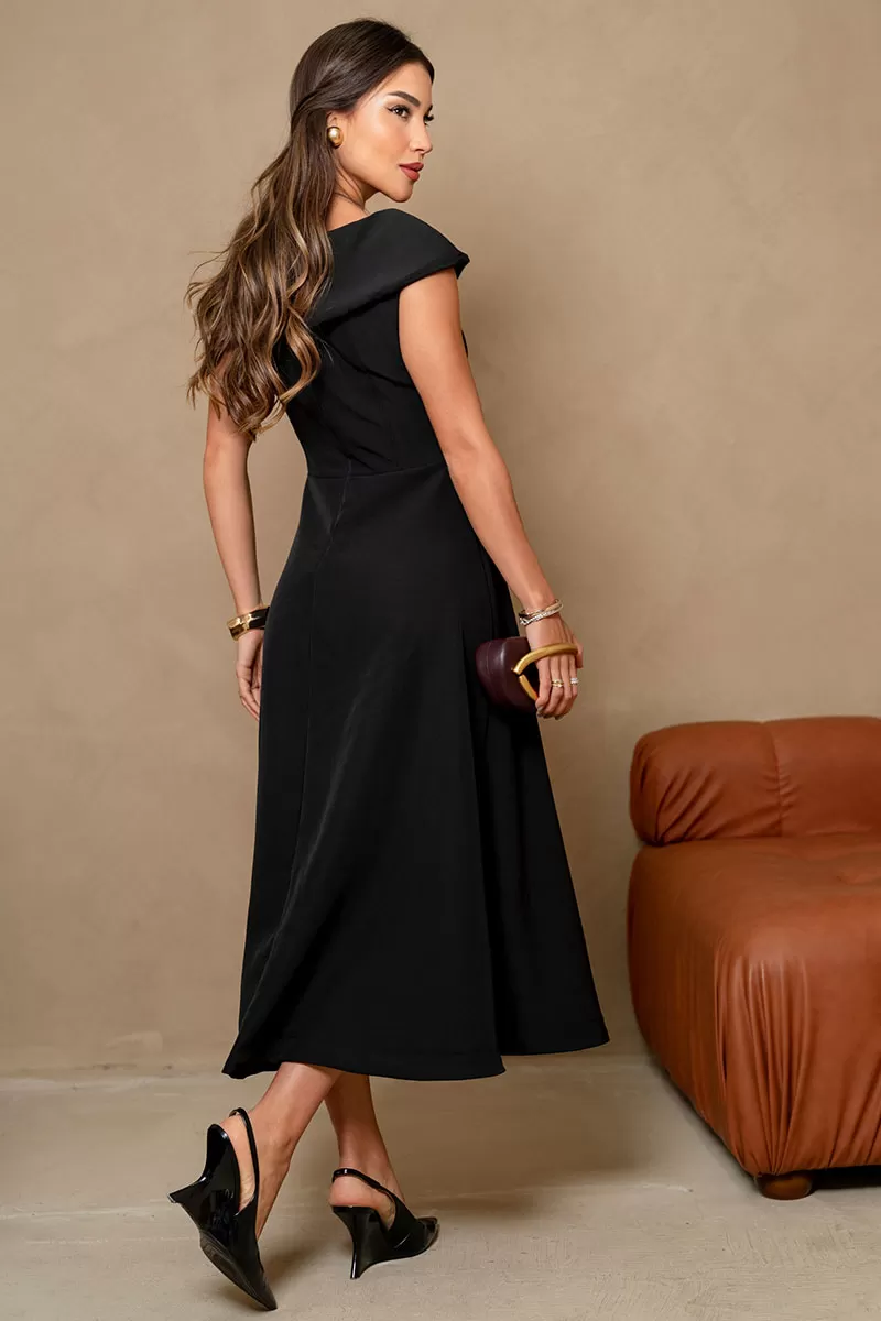 VESTIDO HILDA MIDI DETALHE FLOR - PRETO