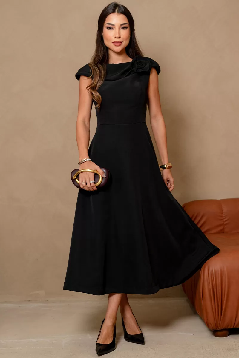 VESTIDO HILDA MIDI DETALHE FLOR - PRETO