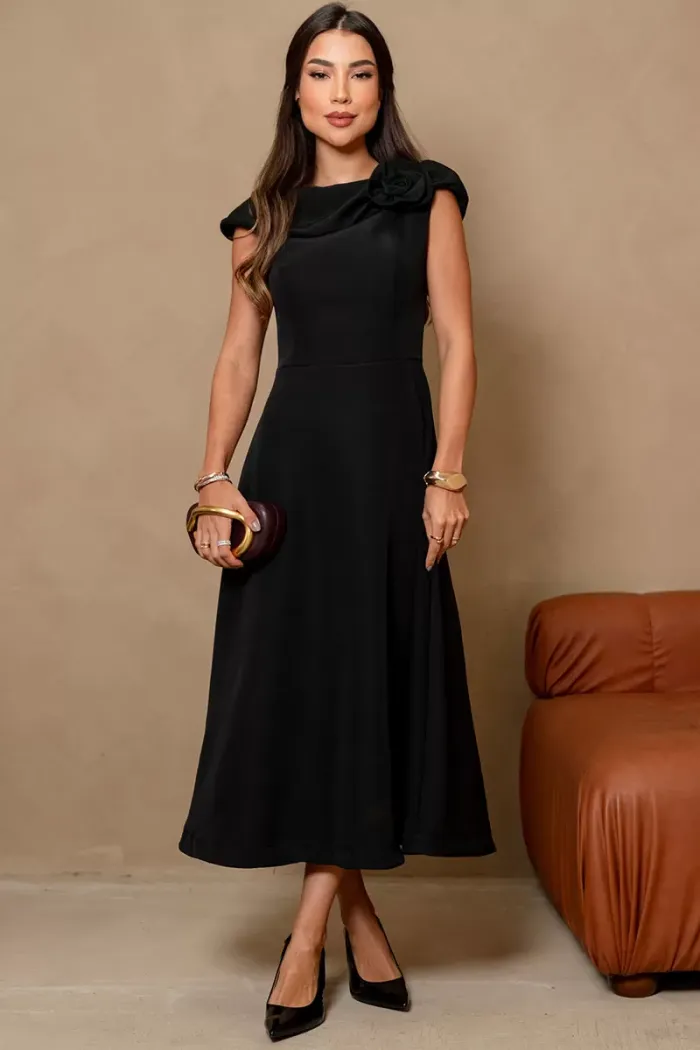 VESTIDO HILDA MIDI DETALHE FLOR - PRETO