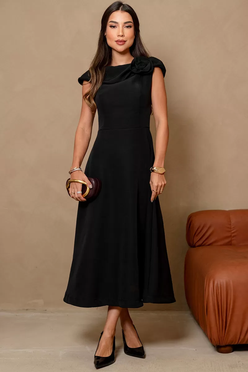 VESTIDO HILDA MIDI DETALHE FLOR - PRETO