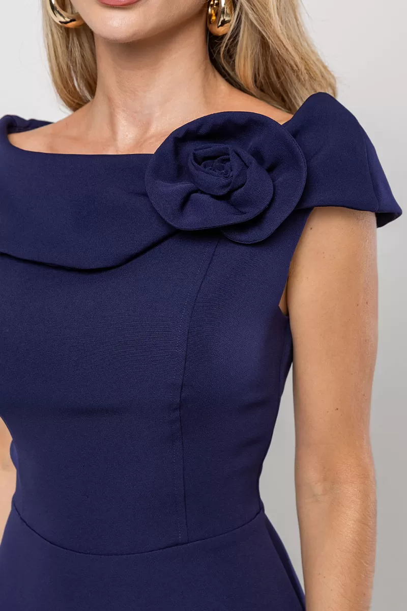 VESTIDO HILDA MIDI DETALHE FLOR - AZUL MARINHO