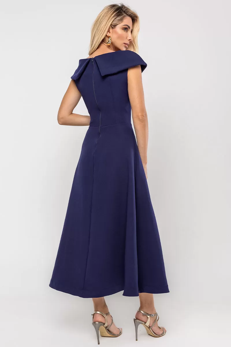 VESTIDO HILDA MIDI DETALHE FLOR - AZUL MARINHO