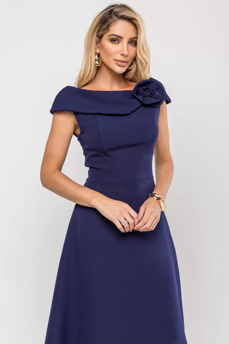 VESTIDO HILDA MIDI DETALHE FLOR - AZUL MARINHO
