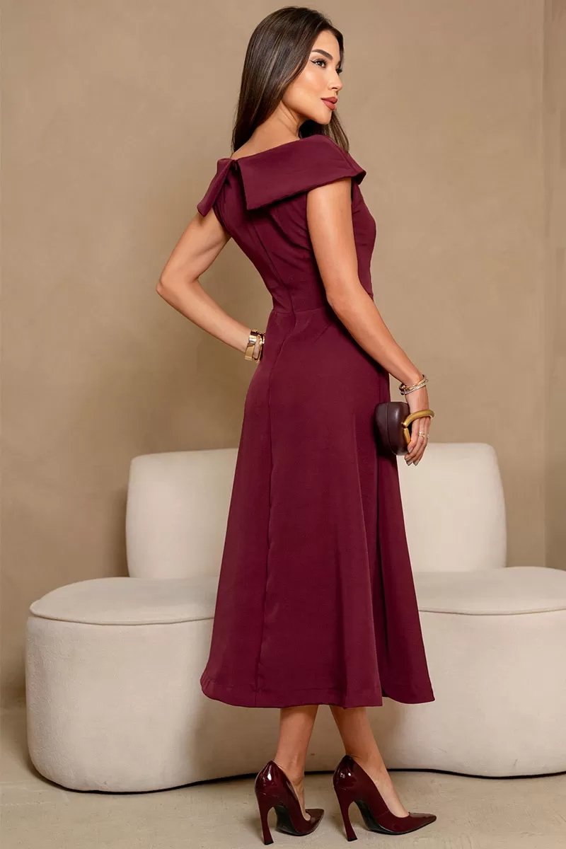 VESTIDO HILDA MIDI DETALHE FLOR - VINHO