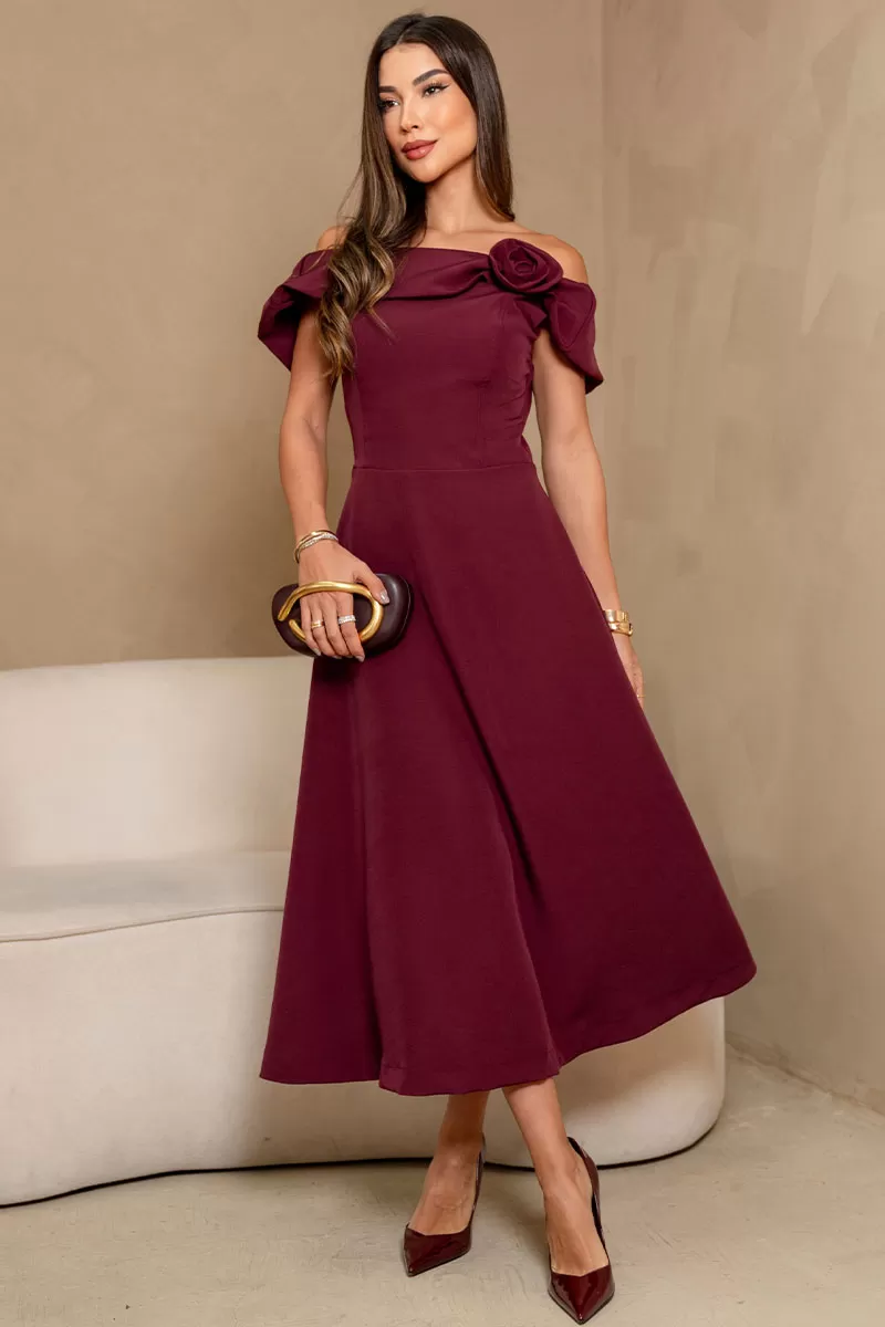 VESTIDO HILDA MIDI DETALHE FLOR - VINHO