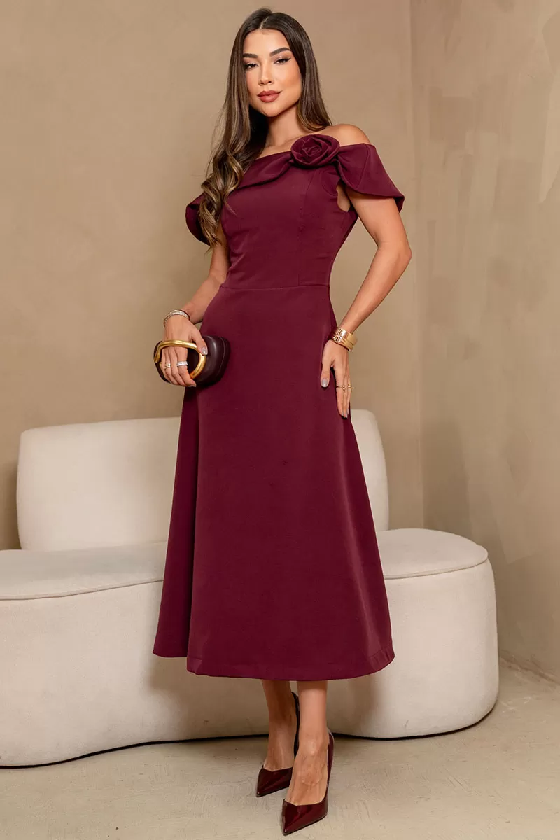 VESTIDO HILDA MIDI DETALHE FLOR - VINHO