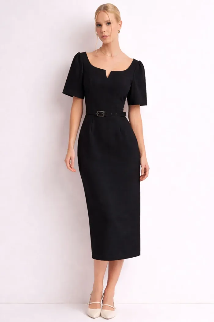 VESTIDO ALINE MIDI TUBINHO COM MANGA - PRETO