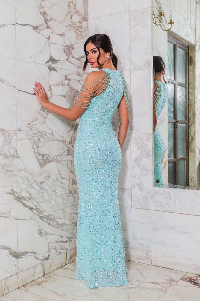 VESTIDO SAMANTHA BORDADO EM PAETÊ DETALHE PEDRARIA OMBRO - VERDE TIFFANY