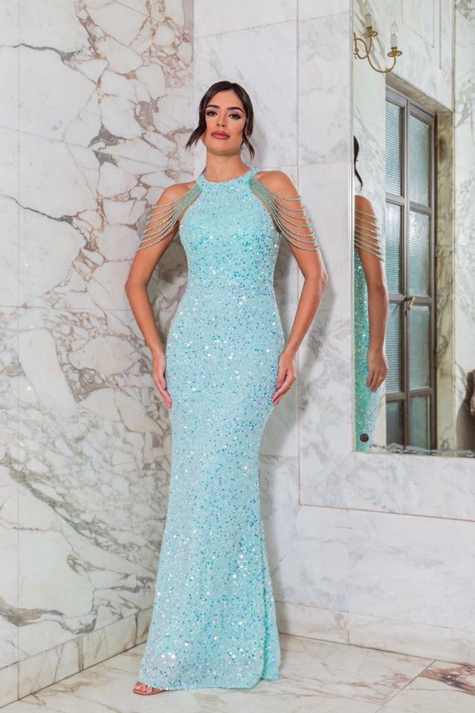 VESTIDO SAMANTHA BORDADO EM PAETÊ DETALHE PEDRARIA OMBRO - VERDE TIFFANY
