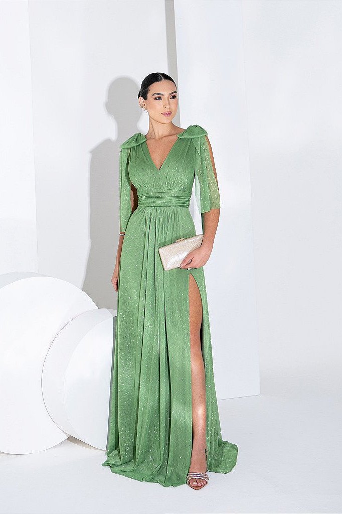 VESTIDO ANA FAIXA MULTIFORMAS DUPLA LUREX - VERDE OLIVA