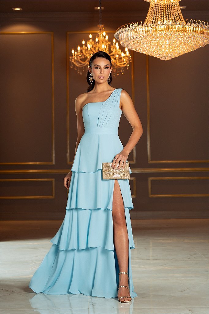 VESTIDO DE FESTA HOLANDA UM OMBRO SAIA CAMADAS - AZUL SERENITY