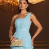 VESTIDO DE FESTA HOLANDA UM OMBRO SAIA CAMADAS - AZUL SERENITY