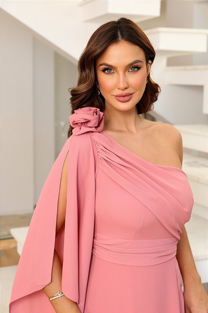 VESTIDO LONGO UM OMBRO FENDA SARA - ROSA CANELA