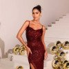 VESTIDO PAETÊ LONGUETE FENDA CRISTAL - MARSALA