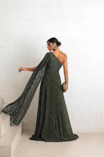 VESTIDO DE FESTA HELENA LONGO RENDA - VERDE OLIVA