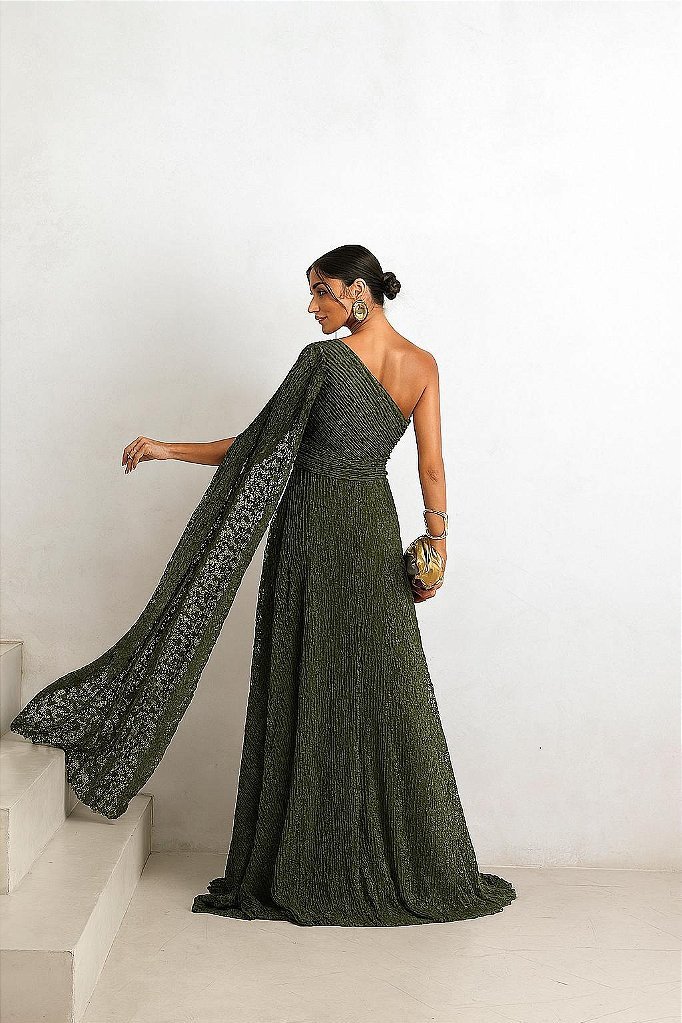 VESTIDO DE FESTA HELENA LONGO RENDA - VERDE OLIVA