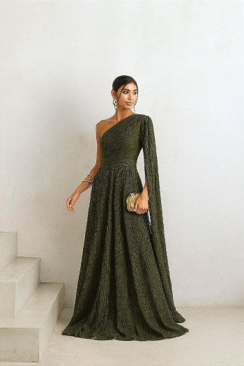 VESTIDO DE FESTA HELENA LONGO RENDA - VERDE OLIVA