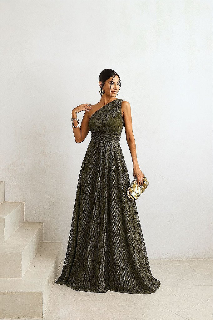 VESTIDO DE FESTA HELENA LONGO RENDA - VERDE OLIVA